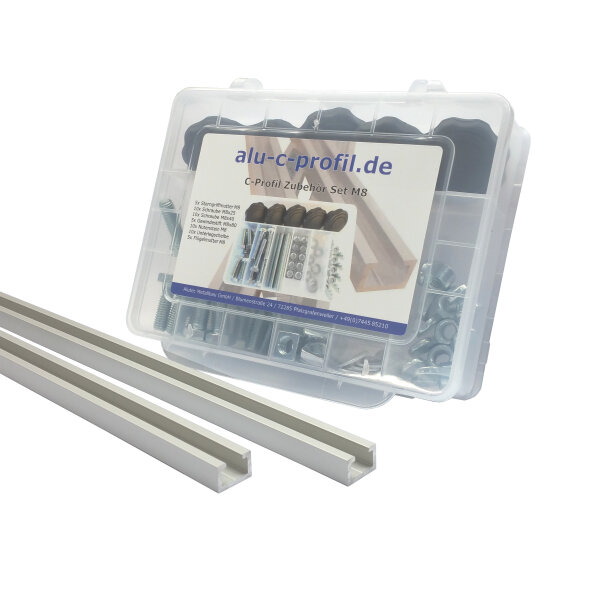 2x Aluminium C-Profil M8 17x11 mm – 1 m Silber inkl. 55-tlg. Zubehörbox