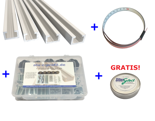 Mega Set M8 C-Profil 4x1m gebohrt+Zubehörbox+Stahlmaßband+250ml Silbergleit