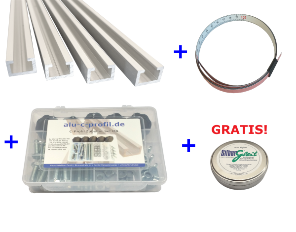 Mega Set M8 C Profil 4x2m gebohrt+Box+Stahlmaßband+250ml Silbergleit