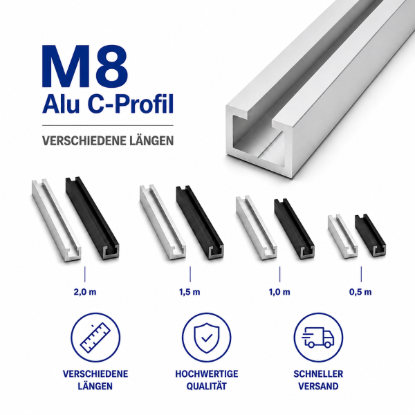M8 C-Profil Aluminium verschiedene Längen und Farben